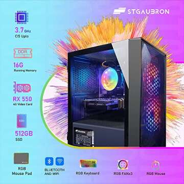 STGAubron Prebuilt Gaming PC Desktop, AMD Radeon RX 550 4G GDDR5, Intel Core I5 3.3Ghz up to 3.7Ghz, 16G Ram, 512G SSD, WiFi, BT 5.0, RGB Fan x 3, RGB Mouse Pad, Windows 10 Home