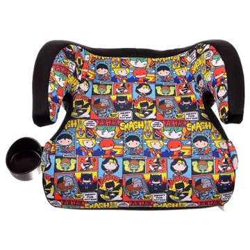 KidsEmbrace DC Comics Justice League Chibi Backless Booster Car Seat with Seatbelt Positioning Clip, Superhero Pattern