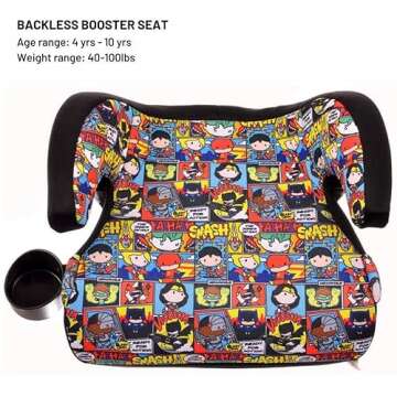 KidsEmbrace DC Comics Justice League Chibi Backless Booster Car Seat with Seatbelt Positioning Clip, Superhero Pattern