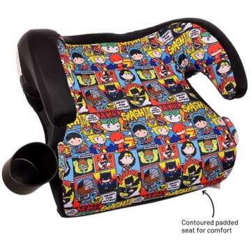 KidsEmbrace DC Comics Justice League Chibi Backless Booster Car Seat with Seatbelt Positioning Clip, Superhero Pattern