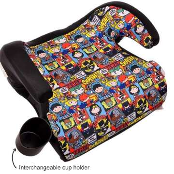 KidsEmbrace DC Comics Justice League Chibi Backless Booster Car Seat with Seatbelt Positioning Clip, Superhero Pattern