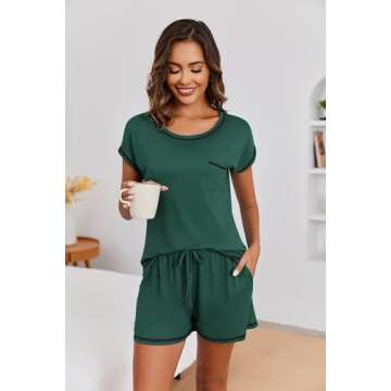 Ekouaer Womens Pajama Sets 2 Piece Soft Short Sleeve Top and Shorts Sleepwear Round Neck Pjs Lounge Set with Pockets Army Green Small