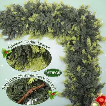 Waydress Christmas Cedar Garland, Artificial Green Cedar Leaves Garland, Faux Lush, Soft, Durable Cedar Garland for Home Fireplace Indoor Outdoor Holiday Mantle Party Decoration(1 Pcs,9ft)