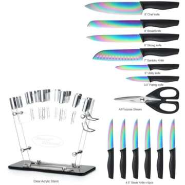 Marco Almond® Knife Block Set,14-Piece Rainbow Color Stainless Steel Knife Sets for Kitchen with block, KYA35 Chef Cooking Knives Set with Acrylic Stand