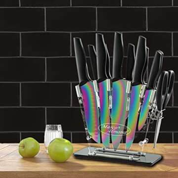 Marco Almond® Knife Block Set,14-Piece Rainbow Color Stainless Steel Knife Sets for Kitchen with block, KYA35 Chef Cooking Knives Set with Acrylic Stand