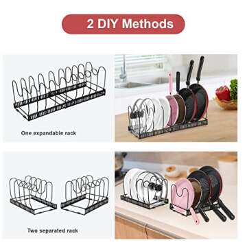 Mr Rabbi Pots and Pans Organizer Rack/Pot Lid Organizers, Or 1 Expandable Pot Rack For Kitchen Cabinet Pantry Bakeware Lid Holder with 10 Adjustable Compartments, 2 Pack