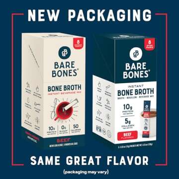 Bare Bones Beef Bone Broth Instant Powdered Mix | Rich Savory Packets on-the-Go No Artificial Flavors | 100% Grass Fed Keto & Paleo Friendly | 10g Protein | 8 Pack