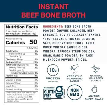 Bare Bones Beef Bone Broth Instant Powdered Mix | Rich Savory Packets on-the-Go No Artificial Flavors | 100% Grass Fed Keto & Paleo Friendly | 10g Protein | 8 Pack