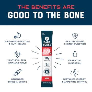 Bare Bones Beef Bone Broth Instant Powdered Mix | Rich Savory Packets on-the-Go No Artificial Flavors | 100% Grass Fed Keto & Paleo Friendly | 10g Protein | 8 Pack