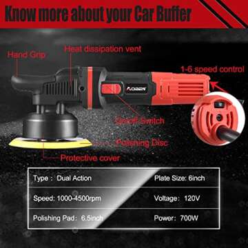 AOBEN Car Buffer Polisher,6 inch Dual Action Polisher,Random Buffer Polisher kit with 6 Variable Speed 1000-4500rpm,Detachable Handle,4 Buffing Pads for Car detailing Polishing and Waxing