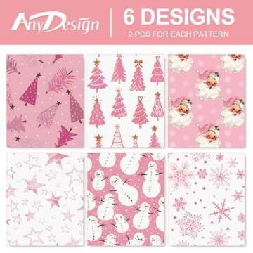 AnyDesign 12 Sheet Pink Christmas Wrapping Paper Santa Snowman Snowflake Star Tree Gift Wrap Paper Folded Flat Xmas Art Paper for Christmas Winter Birthday DIY Crafts Gift Wrapping, 19.7 x 27.6 Inch