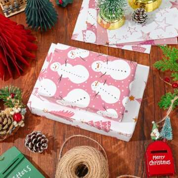 AnyDesign 12 Sheet Pink Christmas Wrapping Paper Santa Snowman Snowflake Star Tree Gift Wrap Paper Folded Flat Xmas Art Paper for Christmas Winter Birthday DIY Crafts Gift Wrapping, 19.7 x 27.6 Inch