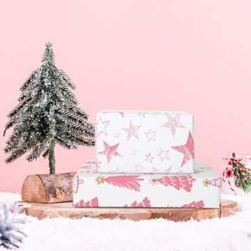 AnyDesign 12 Sheet Pink Christmas Wrapping Paper Santa Snowman Snowflake Star Tree Gift Wrap Paper Folded Flat Xmas Art Paper for Christmas Winter Birthday DIY Crafts Gift Wrapping, 19.7 x 27.6 Inch