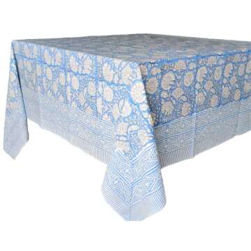 ATOSII Azora Blue 100% Cotton Rectangle Summer Tablecloth, Block Print Floral Table Cloth for Dining, Outdoors, Parties, Weddings I Grand Millenial Decor 60 X 90 Inches I 6 Seater I Memorial Day