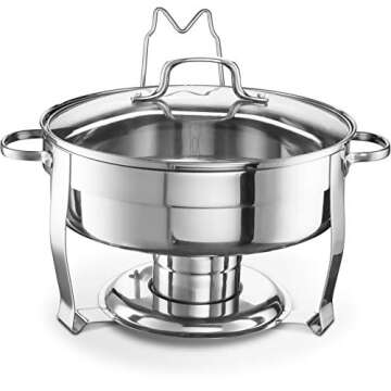 Chafing Dish for Buffet Set, by Kook, Catering Food Warmers, Round Chafing Dishes for Buffet, Chafing Buffet, Warmer Tray, Stainless Steel with Glass Lid and Lid Holder, for Parties, Dinners, 4.5 Qt