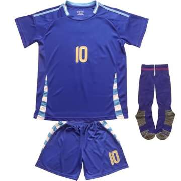 GITGIE 2024 Argentina #10 Leo Copa-American Away Kids Football Soccer Jersey/Shorts/Socks Kit Youth Sizes (Blue, 20)