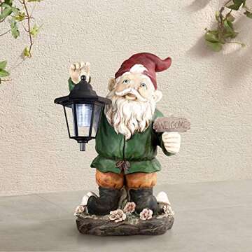 John Timberland Welcome Gnome with Solar LED Black Lantern Statue Sculpture Fantasy Decor Outdoor Garden Front Porch Patio Yard Outside Home Balcony Exterior White Green Red Resin 16" Tall