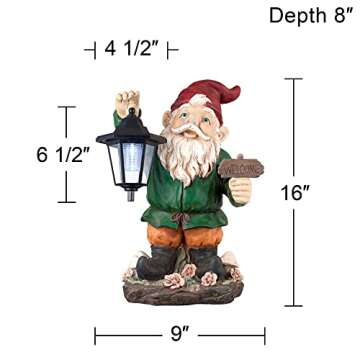 John Timberland Welcome Gnome with Solar LED Black Lantern Statue Sculpture Fantasy Decor Outdoor Garden Front Porch Patio Yard Outside Home Balcony Exterior White Green Red Resin 16" Tall