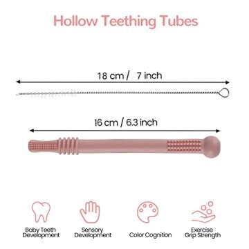 Fu Store Hollow Teether Tube Chew Straw Sensory Toy for Infant Toddlers Silicone Tubes Teething Toys for Babies 3-12 Months 0-36 Months Gifts Learning Developmental Toys BPA Free Freezable 6 Pack