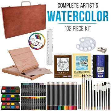 U.S. Art Supply 103-Piece Deluxe Art Creativity Set in Wooden Case with Wood Desk Easel - Artist Painting Pad, 2 Sketch Pads, 24 Watercolor Paint Colors, 17 Brushes, 24 Colored Pencils, Drawing Kit