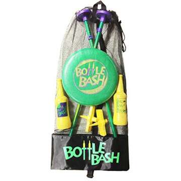 Bottle Bash Outdoor Flying Disc Game Set – Disc Toss Game for Family, Adult & Kids, Backyard and Beach Game - Frisbee Target Lawn Game with Poles & Bottles (Beersbee & Polish Horseshoes)