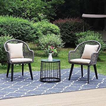 PHI VILLA 3-Piece Patio Conversation Bistro Chat Set All-Weather Wicker Outdoor Furniture for Small Patio, Porch, Balcony w/ 2 Wide Ergonomic Chairs, Glass Top Side Table (Grey)