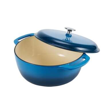 Amazon Basics Cast Iron Dutch Oven Pot with Lid, Enameled, Round, Dual Handles, Heavy-Duty, Large, 7.3-Quart, Blue