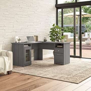 Bush Furniture Cabot L Shaped Computer Desk in Modern Gray | Corner Table with Drawers and Storage for Personal Home Office Workspace