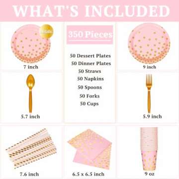 DECORLIFE 350PCS Pink Plates and Napkins Party Supplies Serves 50, Includes Pink and Gold Plates, Straws, Cups for Girl Baby Shower, Graduation, Birthday, Bridal Shower, Wedding