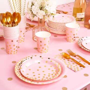 DECORLIFE 350PCS Pink Plates and Napkins Party Supplies Serves 50, Includes Pink and Gold Plates, Straws, Cups for Girl Baby Shower, Graduation, Birthday, Bridal Shower, Wedding