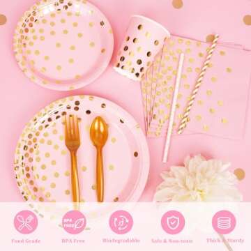 DECORLIFE 350PCS Pink Plates and Napkins Party Supplies Serves 50, Includes Pink and Gold Plates, Straws, Cups for Girl Baby Shower, Graduation, Birthday, Bridal Shower, Wedding