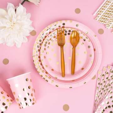 DECORLIFE 350PCS Pink Plates and Napkins Party Supplies Serves 50, Includes Pink and Gold Plates, Straws, Cups for Girl Baby Shower, Graduation, Birthday, Bridal Shower, Wedding