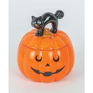 One Holiday Way 8.5-Inch Ceramic Orange Jack-o-Lantern Cookie Jar or Halloween Candy Dish with Black Cat Lid - Covered Lidded Pumpkin Container Tabletop or Kitchen Storage Tableware Office Home Decor