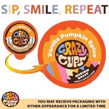 Crazy Cups Flavored Coffee Pods, Vanilla Pumpkin Spice Coffee, Single Serve Coffee for Keurig K Cups Machines, Hot or Iced Coffee, Medium Roast Coffee In Recyclable Pods, 22 Count (Pack of 1)