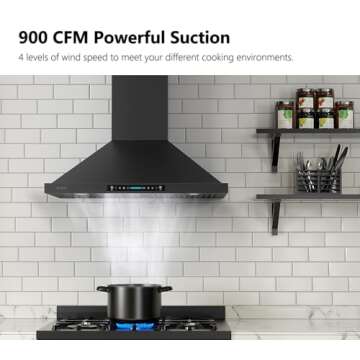 IKTCH 30" Black Wall Mount Range Hood - 900 CFM, Touch Control, Adjustable Lights