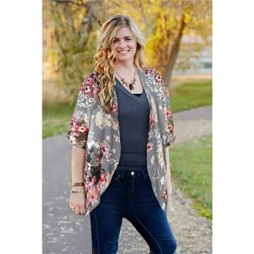 Floral Puff Sleeve Kimono Cardigan for Women