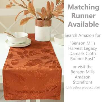 Benson Mills Harvest Legacy Damask Fabric Table Cloth Fall, Harvest, and Thanksgiving Tablecloth (Rust/Burnt Orange, 60" x 104" Rectangular)