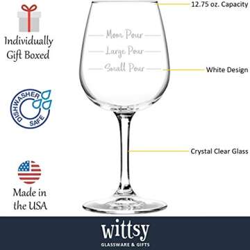 Mom Pour Funny Wine Glass - Gag Gifts for Mom, Women - Best Mom Gifts from Husband, Son, Daughter - Fun Novelty Birthday Present Idea for New Mother, Wife, Friend, Adult Sister, Her