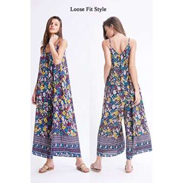 BUENOS NINOS Women's V Neck Floral Maxi Dress Boho Printed Adjustable Spaghetti Strap Ethnic Beach Long Dress with Pockets M Yellow Flower Jumpsuit