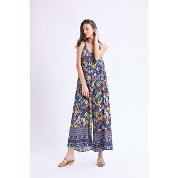 BUENOS NINOS Women's V Neck Floral Maxi Dress Boho Printed Adjustable Spaghetti Strap Ethnic Beach Long Dress with Pockets M Yellow Flower Jumpsuit