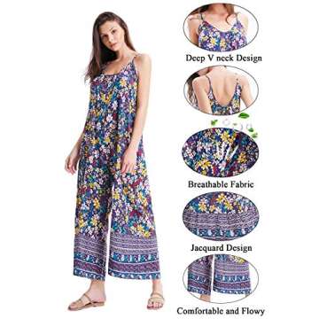 BUENOS NINOS Women's V Neck Floral Maxi Dress Boho Printed Adjustable Spaghetti Strap Ethnic Beach Long Dress with Pockets M Yellow Flower Jumpsuit