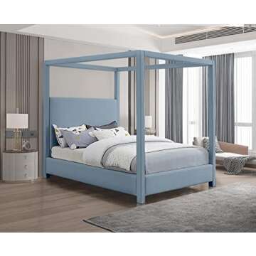 Meridian Furniture EmersonSkyBlu-K Emerson Collection Mid Century Modern Linen Textured Fabric Upholstered Canopy Bed, 83" W x 87.5" D x 79" H, Sky Blue, King