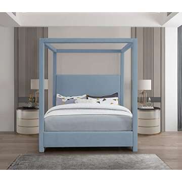 Meridian Furniture EmersonSkyBlu-K Emerson Collection Mid Century Modern Linen Textured Fabric Upholstered Canopy Bed, 83" W x 87.5" D x 79" H, Sky Blue, King