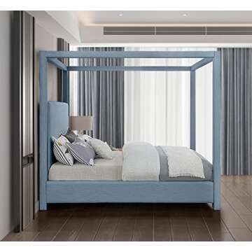 Meridian Furniture EmersonSkyBlu-K Emerson Collection Mid Century Modern Linen Textured Fabric Upholstered Canopy Bed, 83" W x 87.5" D x 79" H, Sky Blue, King