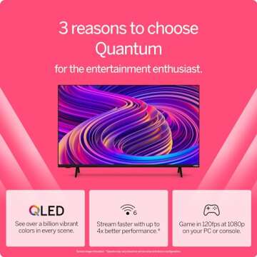 VIZIO 43-inch Quantum 4K QLED HDR Smart TV w/Dolby Vision HDR, 120fps @1080p PC Gaming, WiFi 6, Bluetooth Headphone Capable, Apple AirPlay, Google Cast Built-in (VQD43M-0801, New)