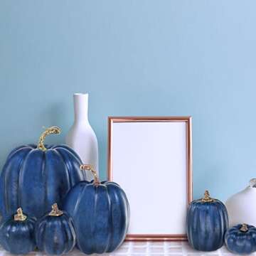 Winlyn 7 Pcs Assorted Sizes Navy Blue Artificial Pumpkins Decorative Dark Blue Pumpkins Faux Foam Pumpkins for Gifts Fall Baby Shower Thanksgiving Halloween Table Centerpiece Shelf Mantel Decoration