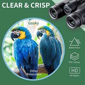 Gosky 10x42 Roof Prism Binoculars for Adults, HD Professional Binoculars for Bird Watching Travel Stargazing Hunting Concerts Sports-BAK4 Prism FMC Lens-with Phone Mount Strap Carrying Bag