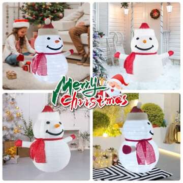 3D Christmas Collapsible Snowman Decorations，23” Light Up Christmas Snowman with LED Cool White Lights for Indoor Outdoor Garden Holiday Décor, Christmas Event Decoration, Christmas Eve Night