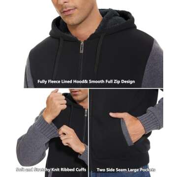 GEEK LIGHTING Hoodies for Men Heavyweight Fleece Sweatshirt - Full Zip Up Thick Sherpa Lined, Black/Gray XXL