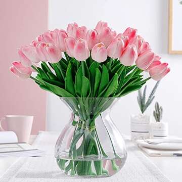 FLORRALIA Pink Fake Tulips Artificial Flowers - 24 Pcs Artificial Silk Pink Tulips Faux Flowers with Stems for Home Wedding Hotel Office Centerpiece Decor